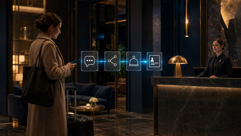 Hotel guest arriving with luggage while her message travels through chat, routing and service icons to the receptionist waiting at the desk