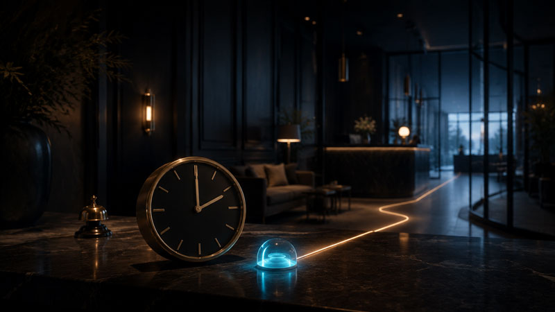 Hall d'albergo vuota alle due del mattino con orologio, campanello di servizio e assistente illuminato sulla scrivania collegata all'ingresso da un sentiero luminoso