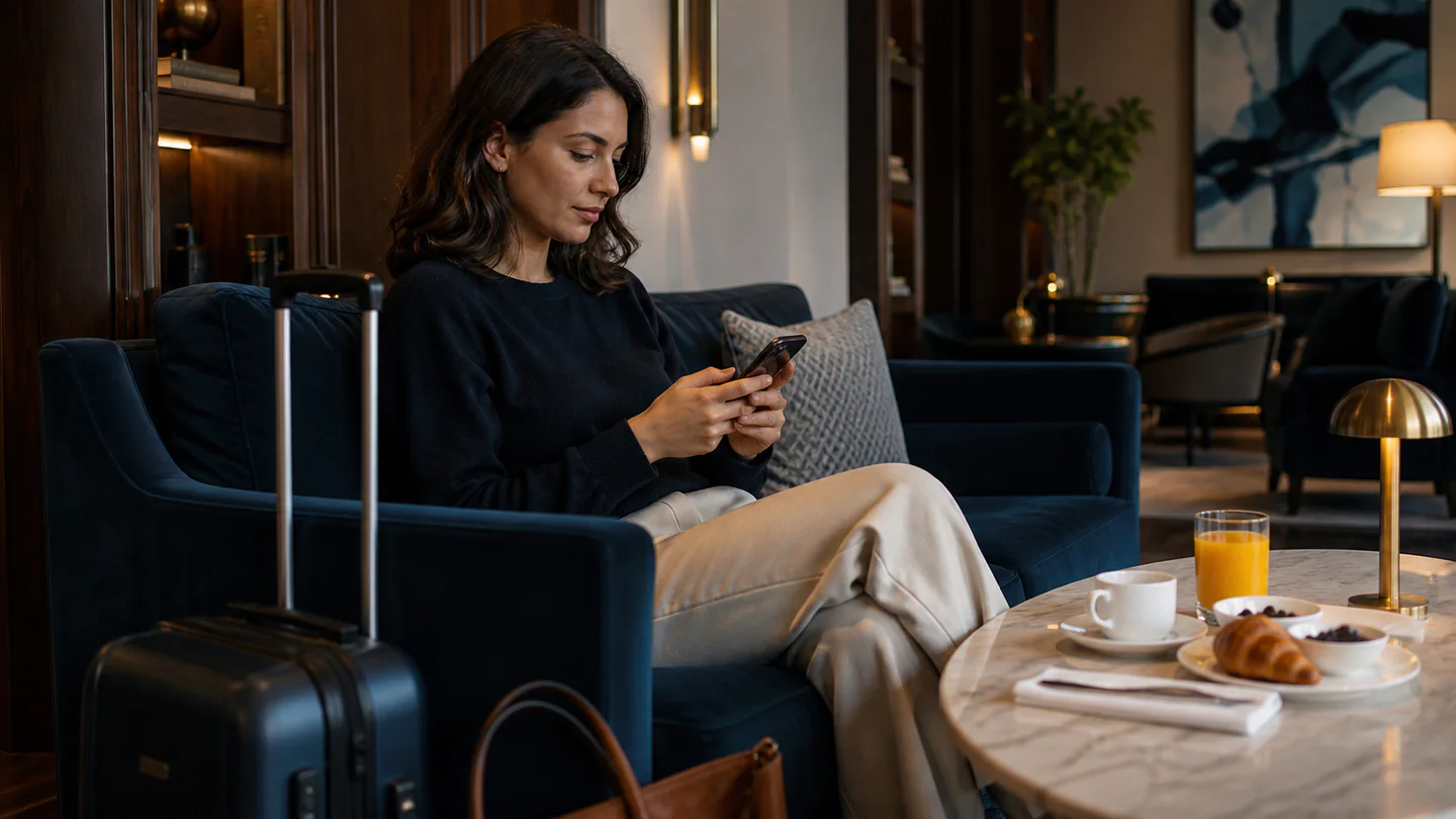 Hotel guest answering a short satisfaction survey on her phone in a boutique hotel lounge