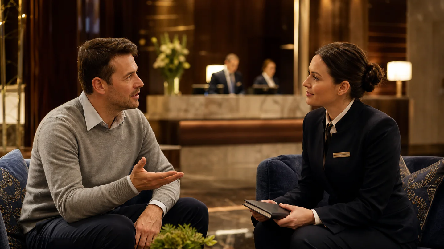 Hotel guest-services manager listening to a guest during a calm service-recovery conversation