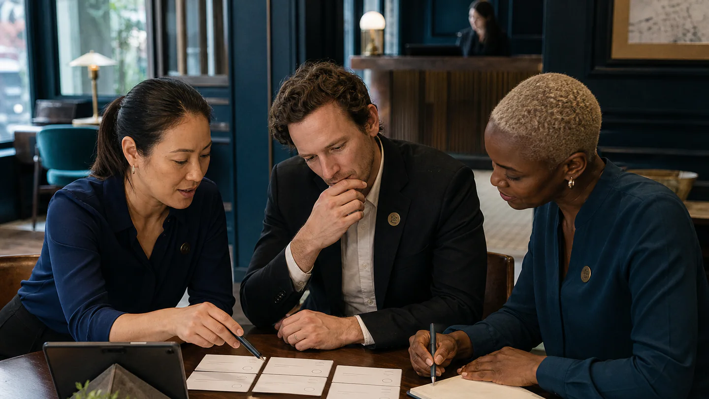 Hotel operations team selecting a small set of guest survey questions around a table