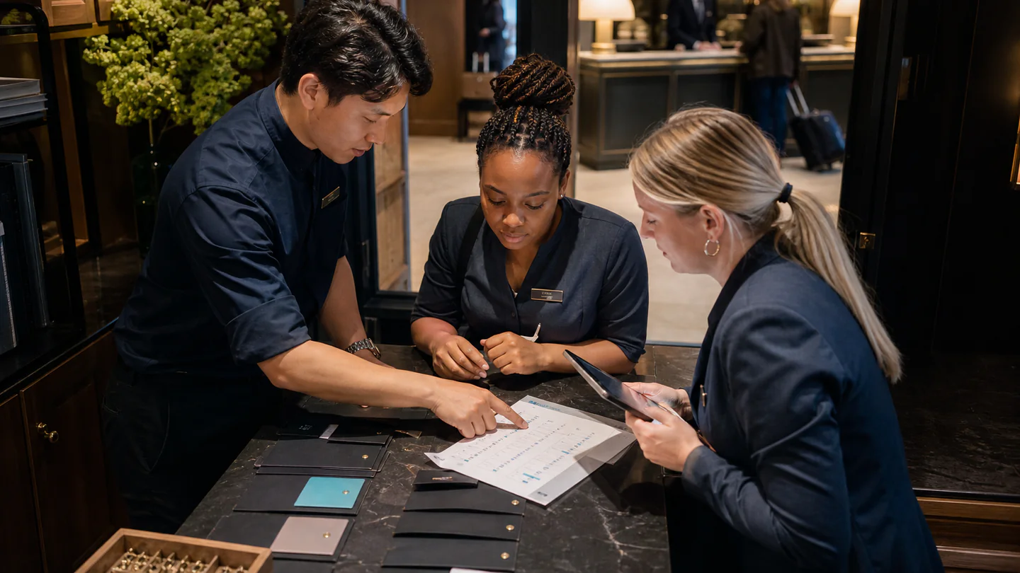Hotel front-office team coordinating upcoming arrivals and special-request handovers
