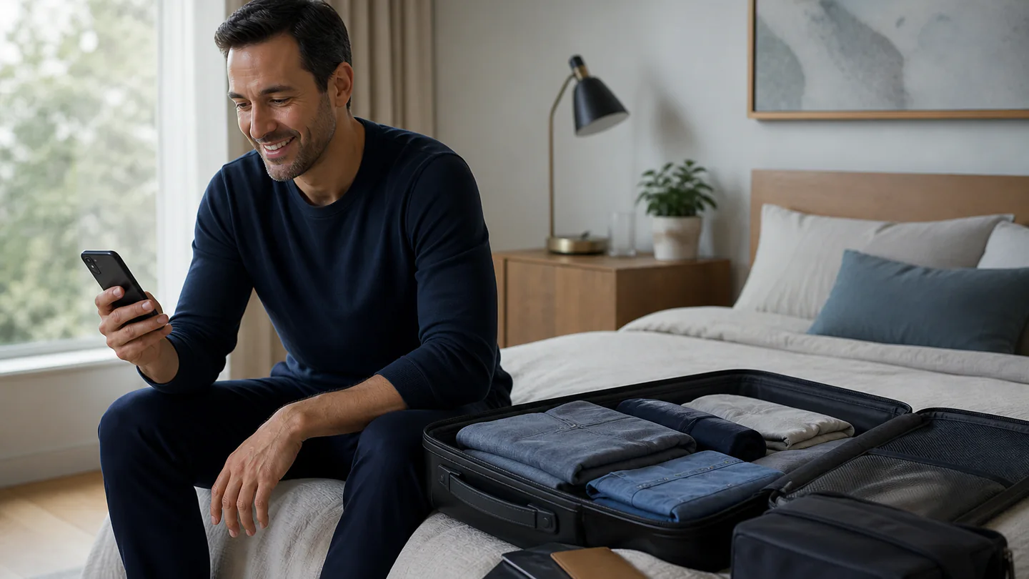 Traveller reading useful hotel arrival information on a phone while packing a suitcase