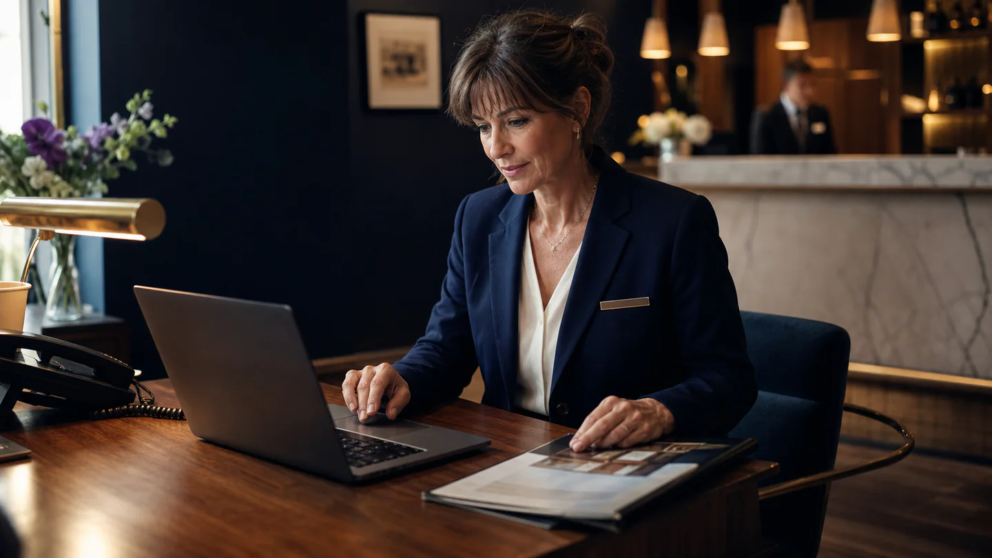 Hotel reservations coordinator preparing a clear pre-arrival guest message beside reception