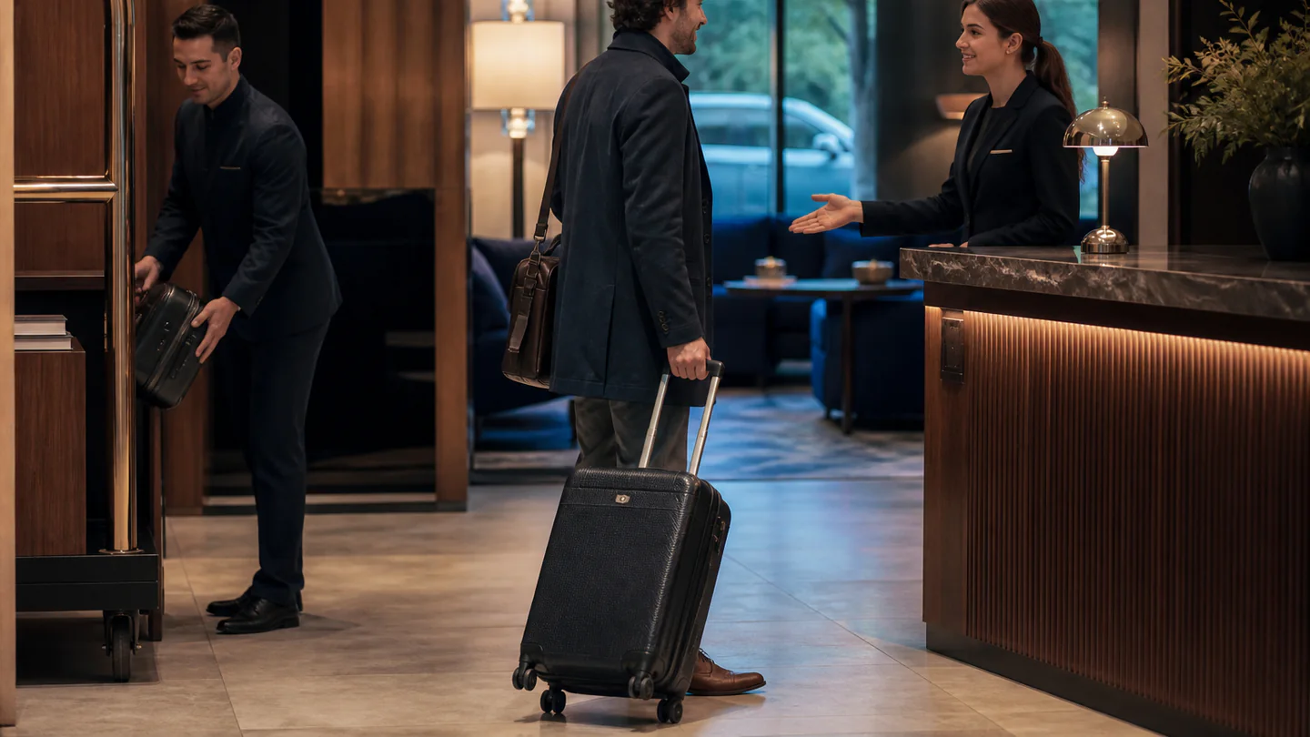 Hotel guest receiving a prepared welcome while staff handle a confirmed luggage arrangement