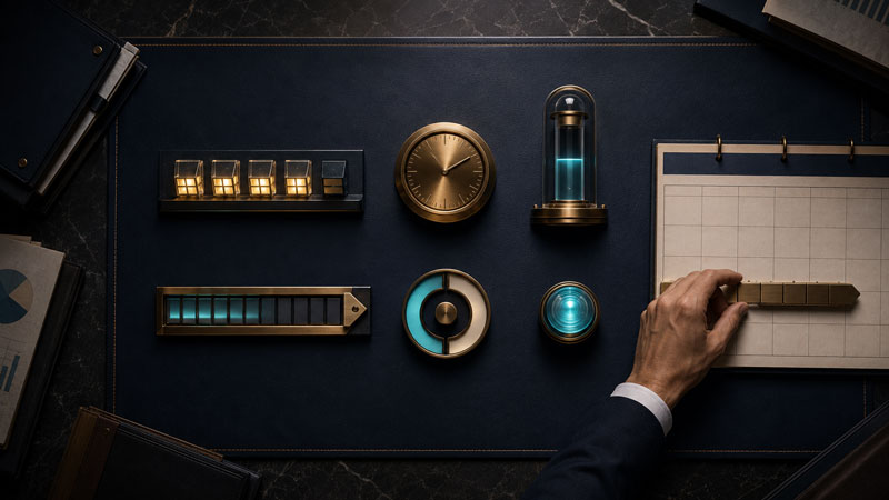Six brass and glass gauges laid out on a desk mat beside a hand marking a ruled sheet
