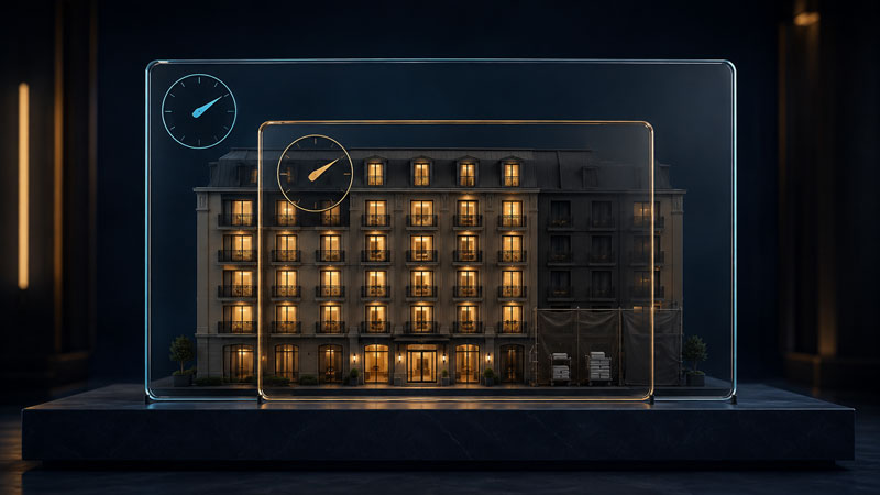 Ein Hotel in zwei überlappenden Glasrahmen, jeder mit eigenem Zifferblatt, ein Rahmen ohne den Flügel, der derzeit renoviert wird