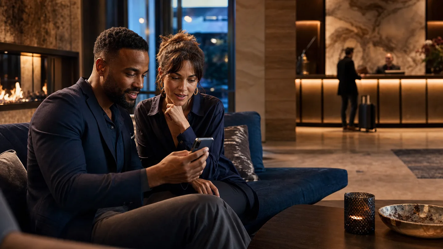 Hotel guests comparing rooms and completing a direct reservation on a smartphone