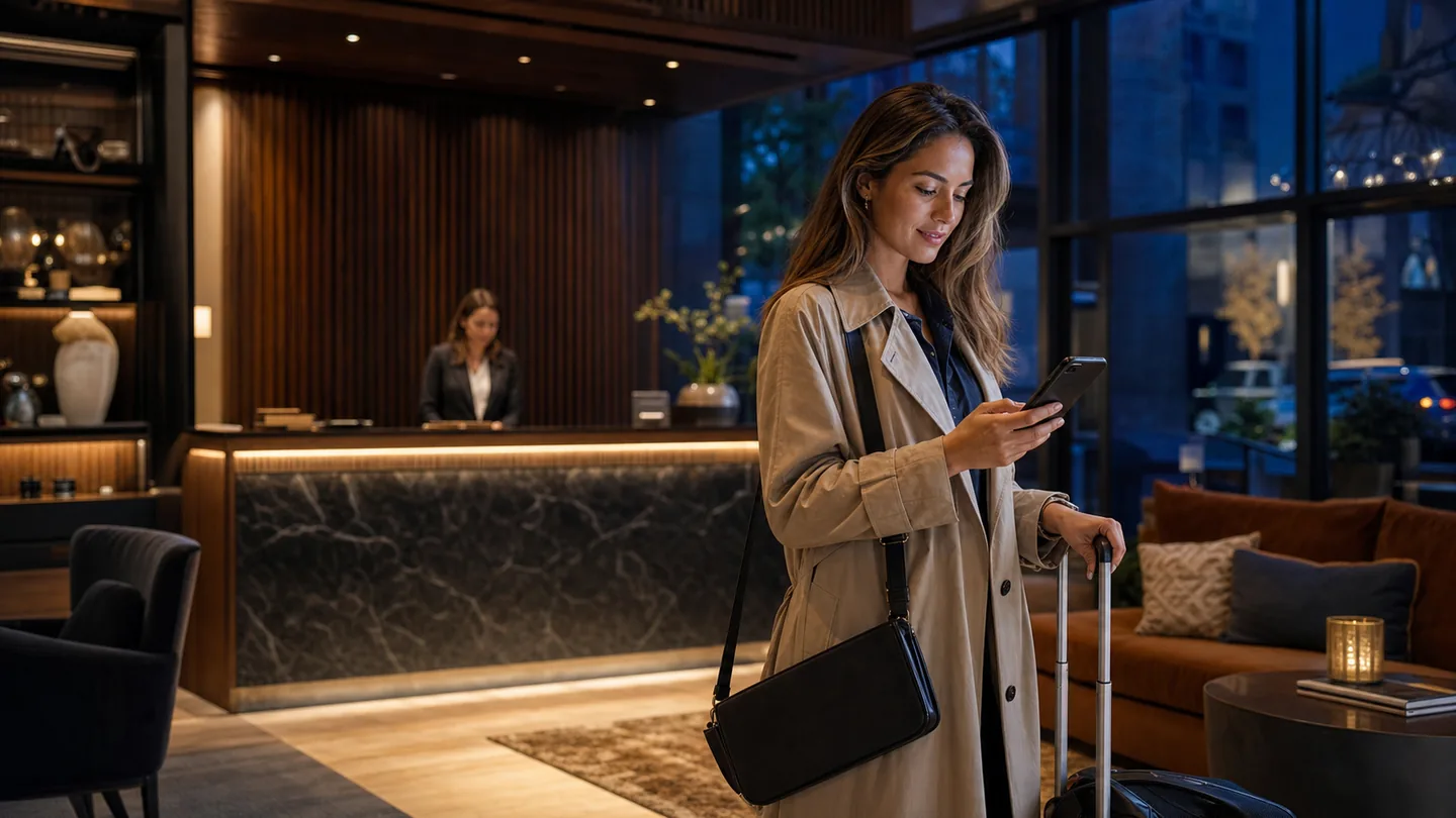 Hotel guest using an AI chatbot for arrival and room information