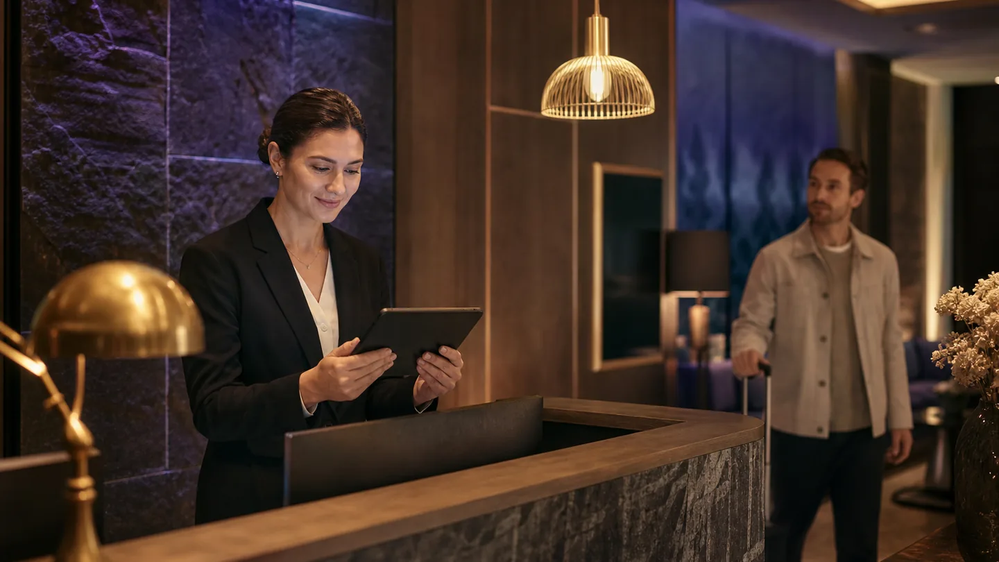 Hotel employee reviewing an AI-assisted guest request before human handover