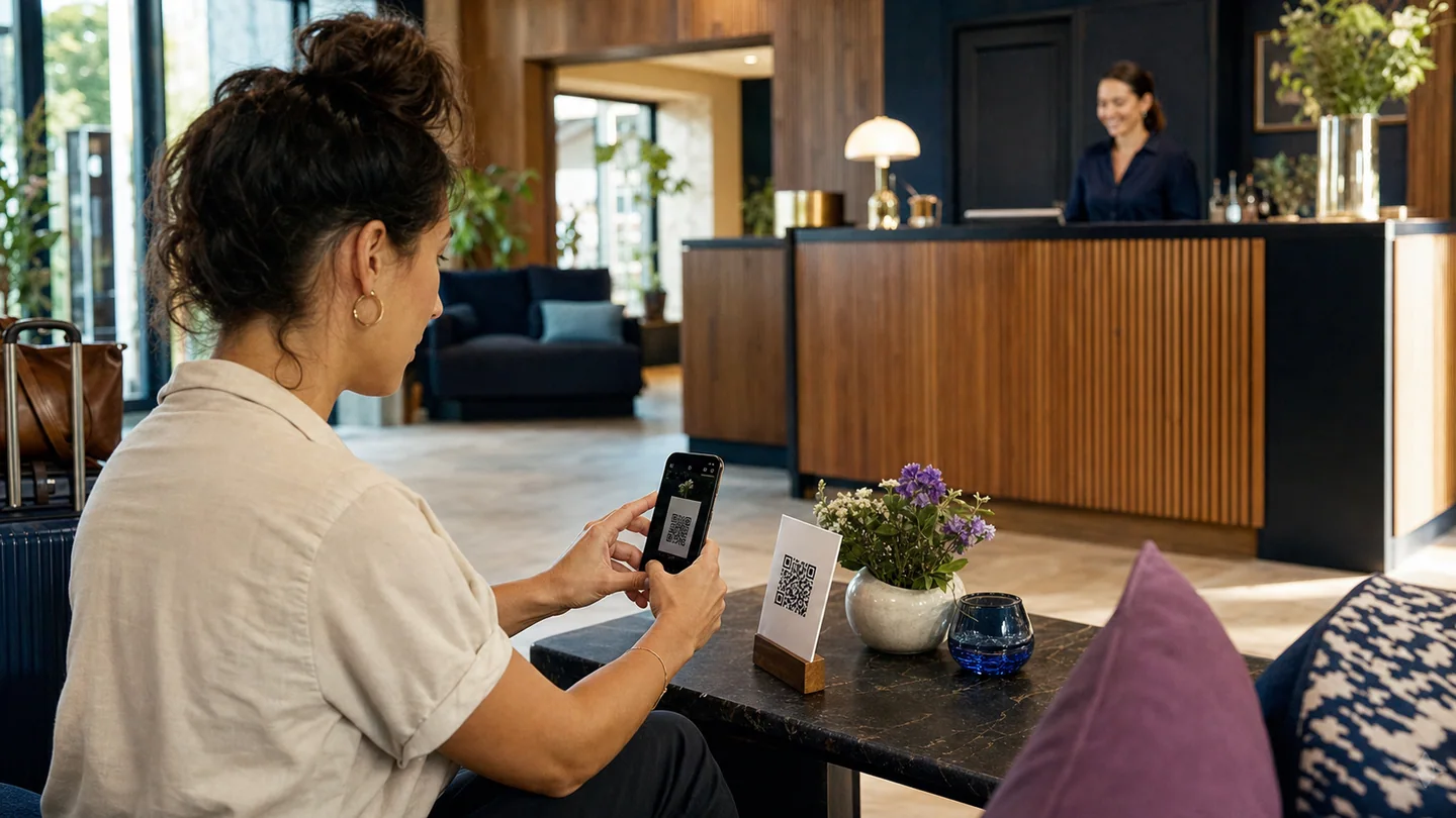 Hotel guest scanning a QR code to answer a short in-stay feedback survey in a boutique hotel lobby