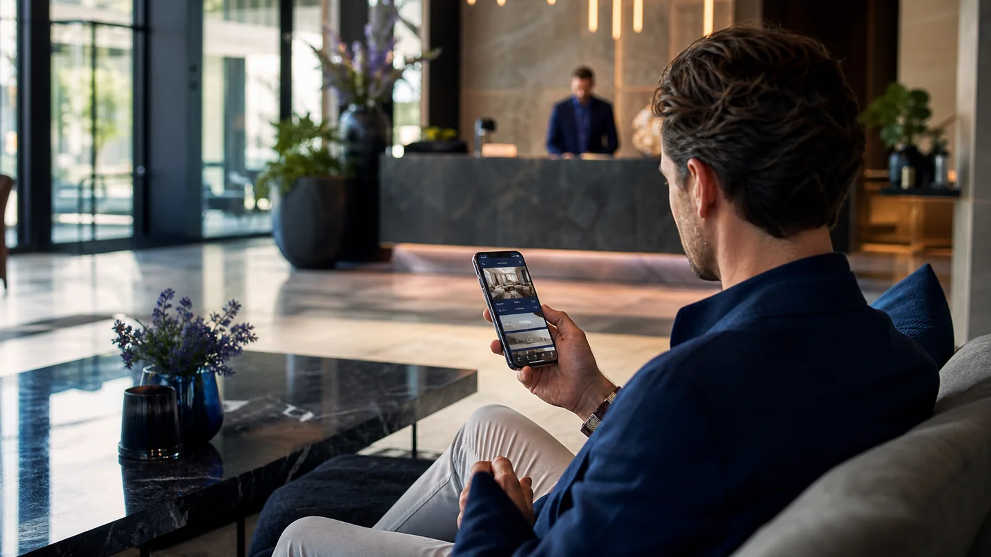 Guest reviewing a mobile hotel website and direct booking journey